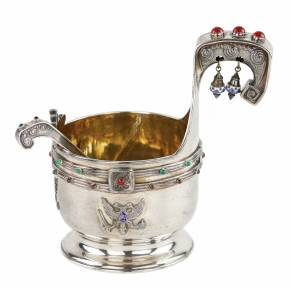 Large silver kovsh in Art Nouveau style by Faberge. Yuliy Rappoport. Early 20th century. 