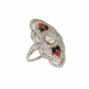 White gold ring with diamonds and enamel in Art Deco style. 20th century. 