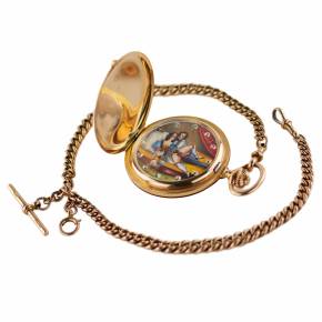 Золотые, трехкрышечные, карманные часы с цепочкой и эротической сценой на циферблате. 1900 г.