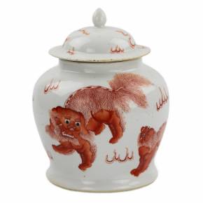 Vase en porcelaine chinoise, peint rouge fer surglaçure chien Fo. Peut-être période Kangxi. 