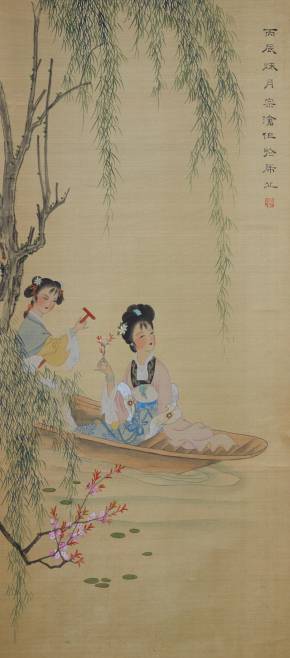 Rouleau chinois, peinture à l`eau sur soie. Sceau : Wen Jin (文進). Le tournant des XIXe-XXe siècles. 