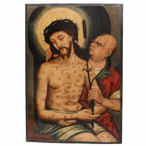 A chopped altar panel with a scene of the Laying of the Crown of Thorns. Ecce Homo, Castilian School. 16th century. 