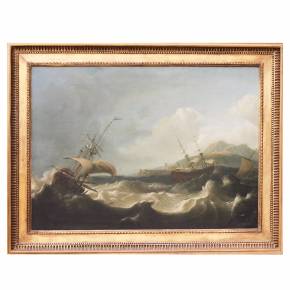 Seascape Stormy sea with sailboats. 18th - 19th century. 