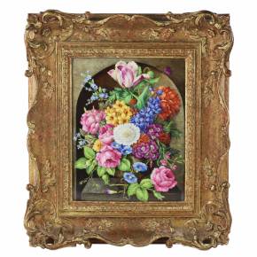  Nature morte fleurs peintes sur porcelaine. Dalle en porcelaine du milieu du XIXème siècle. 