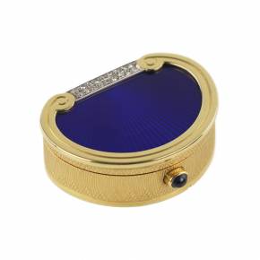 19th century English gold pill box with diamonds and guilloché enamel.