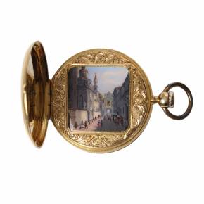 Карманные золотые 18 К часы марки Patek & Cie  с изображением Aušros vartai в Вильнюсе . Швейцария 1845-1850 гг.