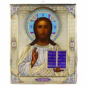 Icon of the Lord Pantocrator in a gilded silver frame with enamels. Russia. Moscow, 1891 
