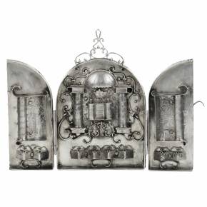 SILVER FOLDING HANUKKAH LAMP DECORATED WITH IMAGES OF PROPHET MOSES AND HIGH PRIEST AARON. RUSSIAN EMPIRE, RIGA, EDUARD DANNENBERG, 1874