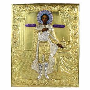 ICÔNE DE SAINT ALEXANDRE NEVSKI EN OKLAD D’ARGENT AVEC ÉMaux. RUSSIE, 1895