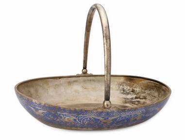 SILVER FRUIT BASKET WITH CHAMPLEVÉ ENAMEL  PAVEL OVCHINNIKOV FIRM, MOSCOW, 1892