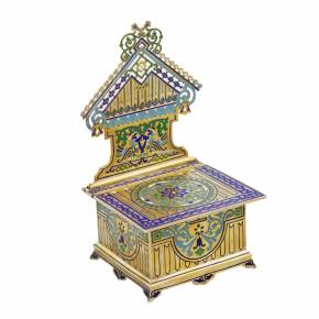 SALIÈRE-TRÔNE EN ARGENT EN FORME DE TEREM AVEC ÉMaux  GUSTAV KLINGERT, MOSCOU, RUSSIE, DERNIER QUART DU XIXᵉ SIÈCLE