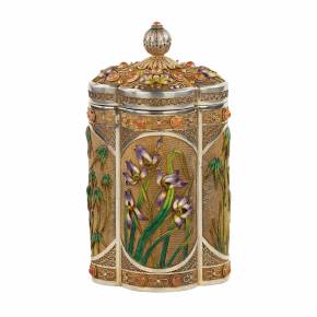 SILVER TEA CADDY WITH ENAMELS AND CABOCHONS  CHINA, 20TH CENTURY