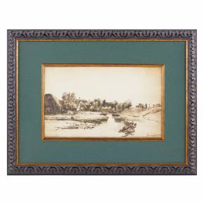 AINAVA AR KANĀLU. ZĪMĒJUMS AR SPALVU REMBRANTA AINAVU GARĀ EIROPA, XIX GADSIMTS