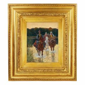 FRANZ ROUBAUD (1856 - 1928). CAUCASIAN HORSEMEN CROSSING A RIVER, LATE 19TH - EARLY 20TH CENTURY