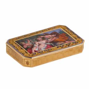 TABATIÈRE EN OR ORNÉE D’UNE MINIATURE ÉMAILLÉE « ARIANE ET DIONYSOS » SAINT-PÉTERSBOURG, RUSSIE, PREMIER QUART DU XIXE SIÈCLE, VERS 1820