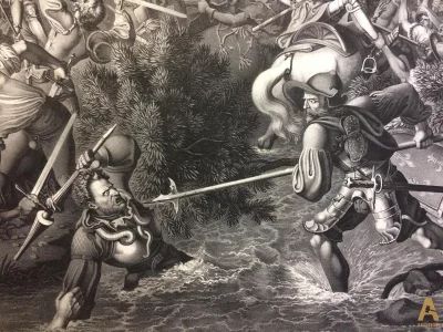 Grande gravure du 19ème siècle - une scène de bataille. 