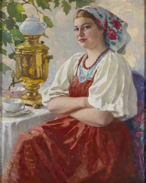 Glezna "Meitene ar samovāru" M.Maksolly 