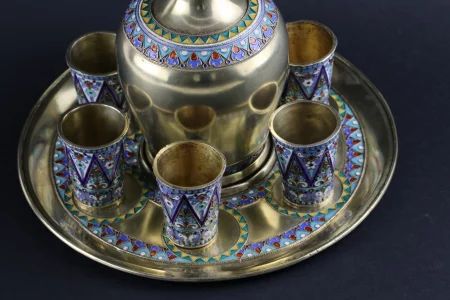Luxurious vodka set of Russian silver with enamel. 