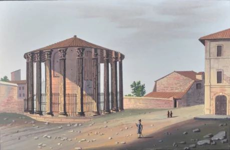 Watercolor. View of the temple of Vesta.