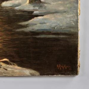 Glezna Mēness gaisma ziemas mežā. Alfrēds Aleksandrs Gelhars (1875-1948).