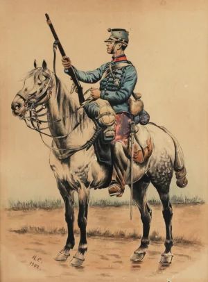 Watercolor by Nikolai Samokish "Private of the 12th Uhlan regiment on horseback". 