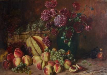 Натюрморт с гвоздиками и фруктами. Макс Эберсберг. 1852 - 1926.