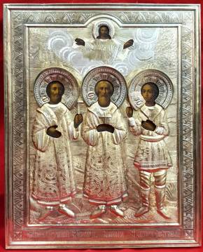 Antique image of Saints Anthony, John and Eustathius in a silver frame. M-th M. Zorina. Russia, Moscow, late XIX-early XX centuries. 