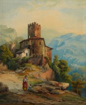 Watercolor. Italian look. Landscape in the mountains. 