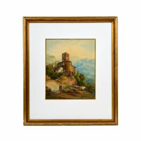 Watercolor. Italian look. Landscape in the mountains. 
