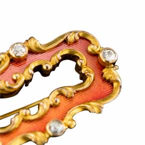 Guilloché enamel gold brooch with diamonds Oscar Peel for Faberge. 