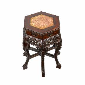 Carved, Chinese stand for a vase, mahogany with marble. 