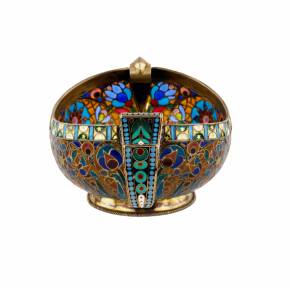 Large magnificent silver Kovsh 84 assay P. Ovchinnikov with stained glass enamel. Moscow. At the turn of 1900 