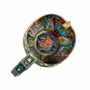 Large magnificent silver Kovsh 84 assay P. Ovchinnikov with stained glass enamel. Moscow. At the turn of 1900 