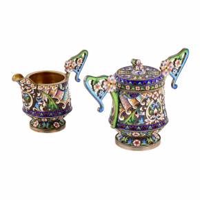 Art Nouveau cloisonne enamel Russian silver creamer and sugar bowl. 