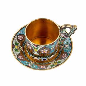 Amazingly beautiful enamel cup and saucer, Russian Art Nouveau in silver. 