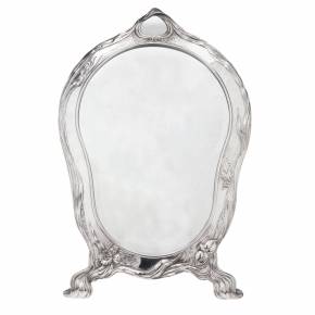 Ladies table mirror of the Art Nouveau era in a silver frame by Ovchinnikov`s workshop. 