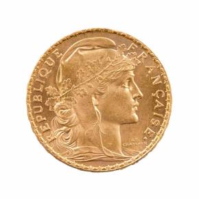 Золотая монета. Франция. 20 франков. 1909 г.