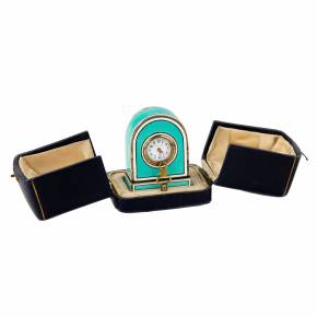 Miniature travel clock in guilloche enamel on silver, in its own case.