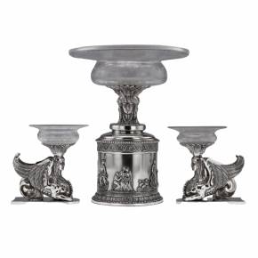 STEPHEN SMITH. Magnificent, three-piece dining set in English silver with glass. 1878. 