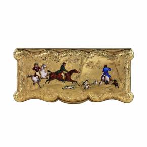 Tabatière émaillée en or 18 carats Travail français du 19ème siècle, avec des scènes de chasse équestre. 
