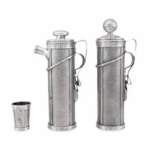 Golfer`s set. Original flask, shaker and glass in the form of golf bags. 