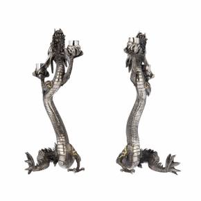 Japanese silver candelabra in the form of a dragon from the Meiji period of the 19th century. 
