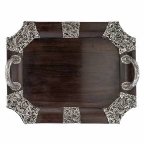 Large Japanese wooden tray in silver decor. Early 20th century 