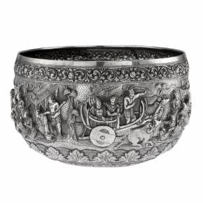 Large 19th century Burmese silver bowl from Myanmar. 