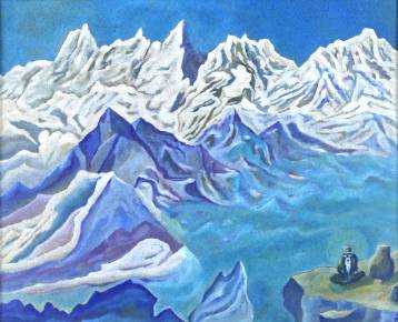 Mountain landscape with a Buddhist monk. N. Roerich. 