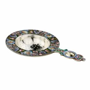 Russian silver tea strainer, with enamel decor, in the spirit of Russian Art Nouveau. 