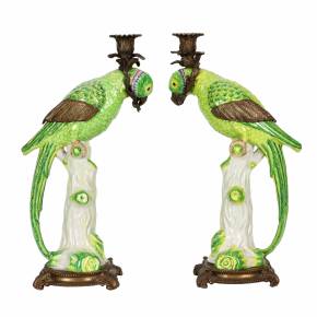 Pair of fine porcelain parrot candlesticks, with bronze. 