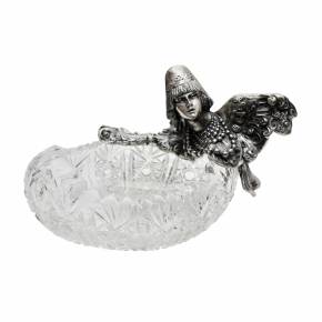 Русский фруктовый вазон из тяжелого хрусталя и серебра, в виде женской фигуры - птицы Алконост.