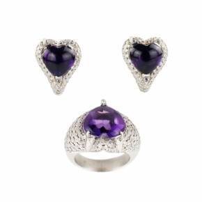 Jewelry set: ring with earrings, white gold with amethysts and diamonds. 