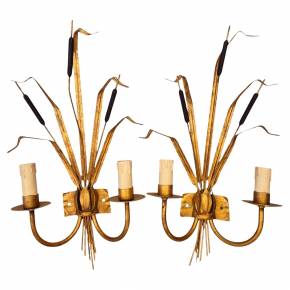 Pair of two-light gilded metal Roseaux sconces, Ferro Art, circa 1960